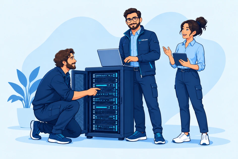 Hosting engineers discussing infrastructure beside server equipment
