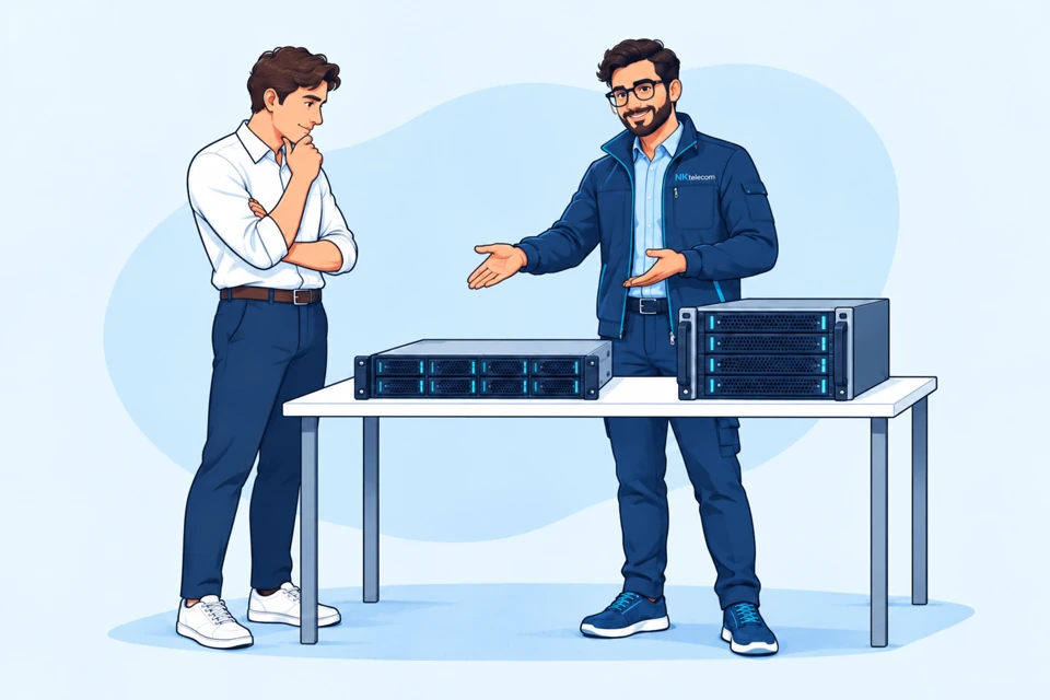 Illustration of an engineer using a laptop beside blue server cabinets